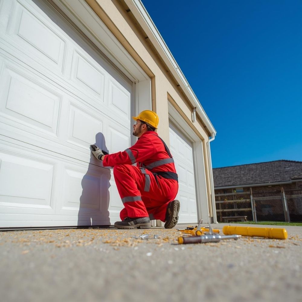 Technician performing garage door repair on damaged rollers in a Bergen County - NJ residential garage